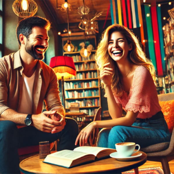Speeddating in ARhus Koppel aan tafeltje tussen de boeken