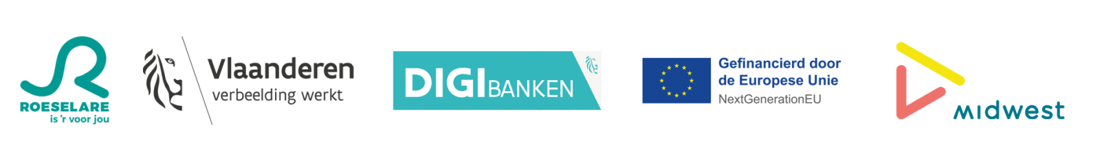 logo's Stad Roeselare, Vlaanderen Verbeelding werkt, DIGIbanken, Gefinancieerd door de Europese Unie NextGenerationEU, Midwest