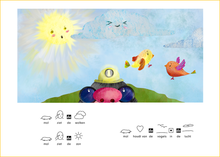 Illustratie met mol, vogels, zon en wolk. Onderaan pictogrammen